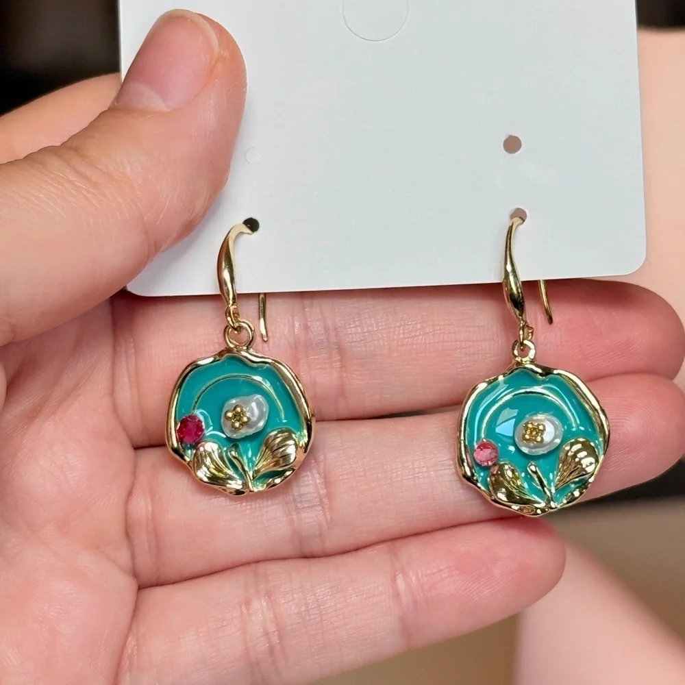 Elegant Gold and Blue Floral Earrings